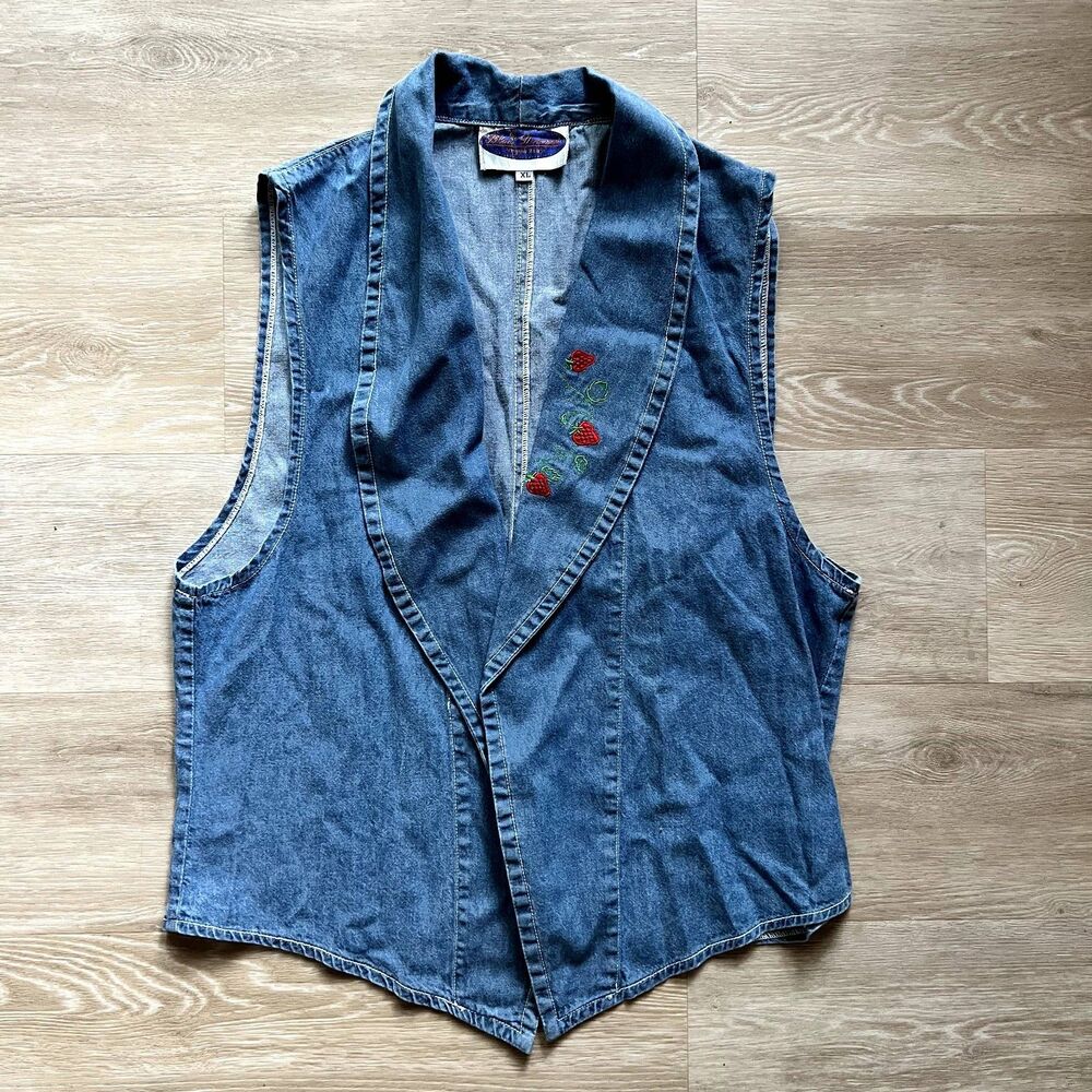 Vintage Embroidered Denim Strawberry Vest 100% Cotton-Size XL